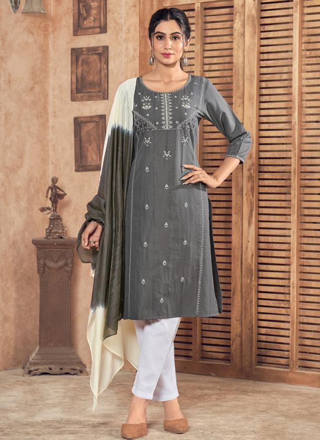 Pure Viscose Grey Festival Wear Embroidery Work Readymade Kurti Set